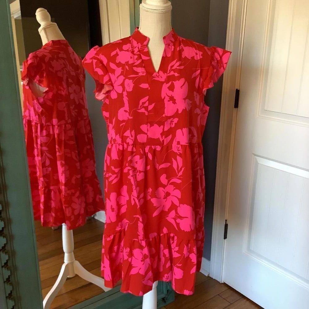 Stylish Floral Print Dress - Bright Red & Pink